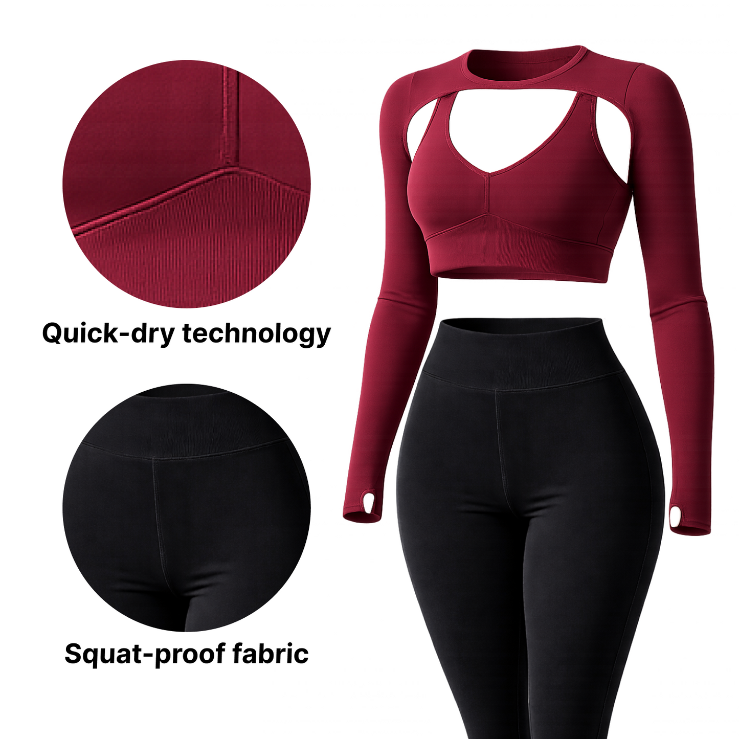Women’s Long Sleeve Fitness Set (Moisture-Wicking) 2 or 3-Piece