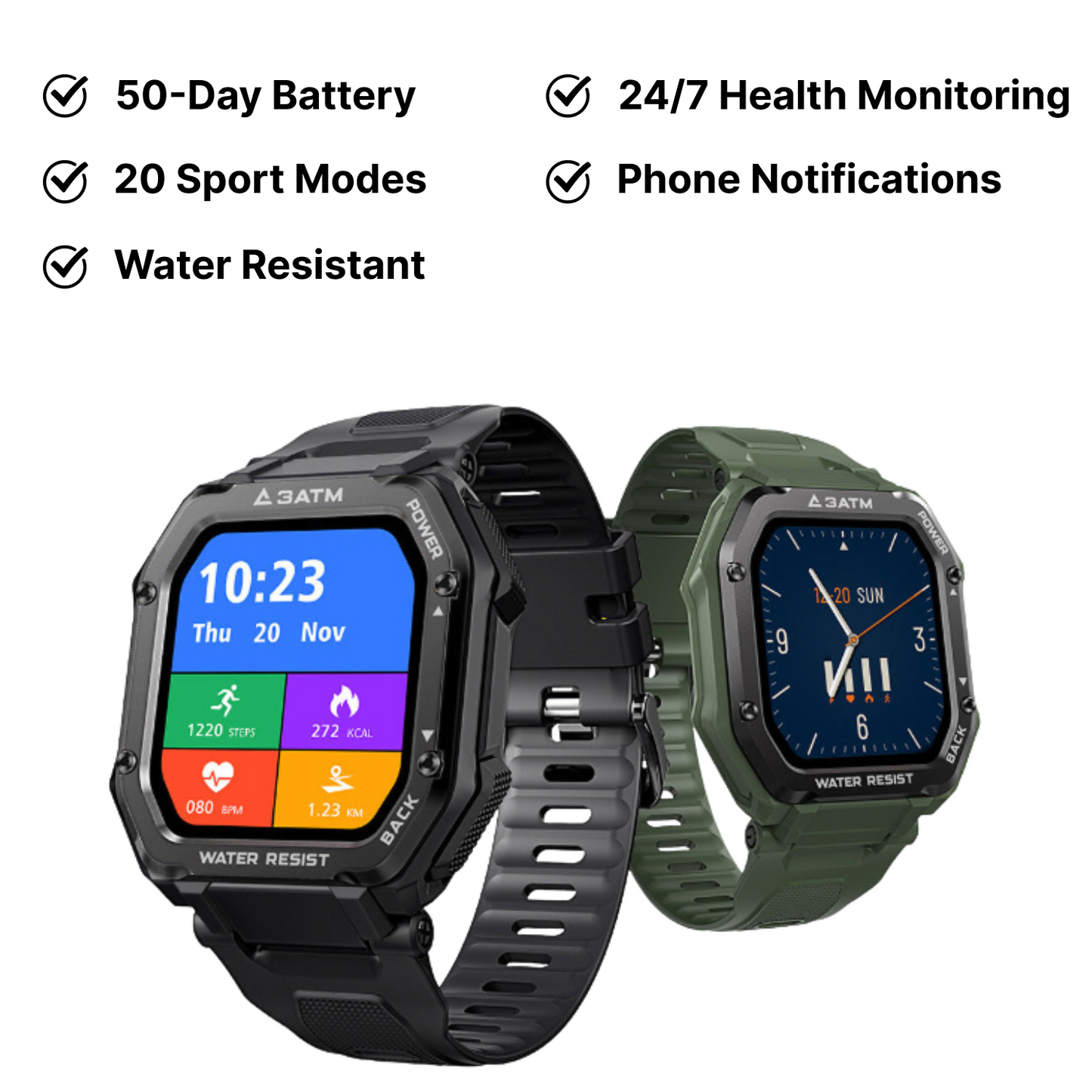 Rugged Smartwatch (20 Sport Modes) - 50-Day Battery